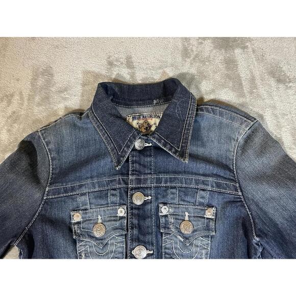 TRUE RELIGION Denim Trucker Jacket Blue Denim Jean Snap Button Sz XS Woman Logo - Picture 4 of 16